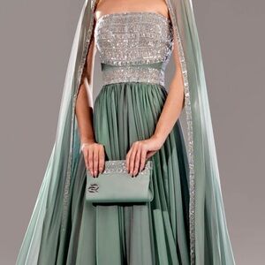 Reverie Couture Strapless Sage Green Gown with Silver Accents